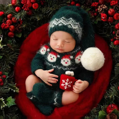 Christmas Baby Clothing Newborn Boy Girl Photography Santa Claus Costumes Sets Green Knitted Romper Stockings Hat 3pcs for Xmas