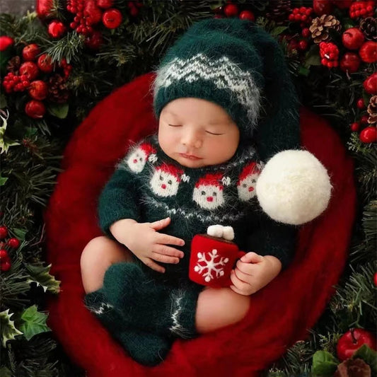 Christmas Baby Clothing Newborn Boy Girl Photography Santa Claus Costumes Sets Green Knitted Romper Stockings Hat 3pcs for Xmas