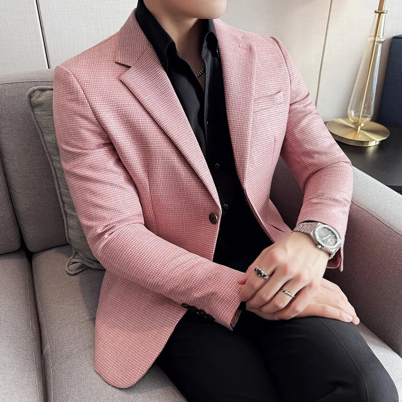 Bright Silk Thousand Bird Grid Suit Jacket Korean-style Business Fashion Slim Fit Single Breasted Men Social Party Dress Coats