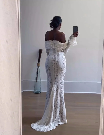 Elegant Off The Shoulder Bodycon Dress 2024 New in White Flare Sleeve Lace Maxi Dress Wedding Guest Dress for Women