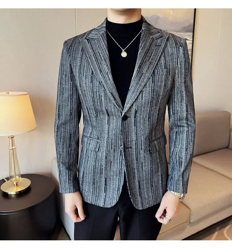 Fashion Meteor Line Checkered Elegant Suit Jacket Men Fashion De Luxe Business Slim Fit Single Breasted Social Party Dress Coats