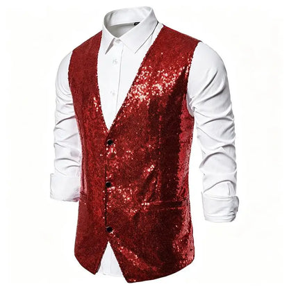 Shiny Sequin Men's V Neck Vest Single Breasted Suit Gilet Waistcoat for Wedding Prom Party Club Nightclub DJ Stage Performance