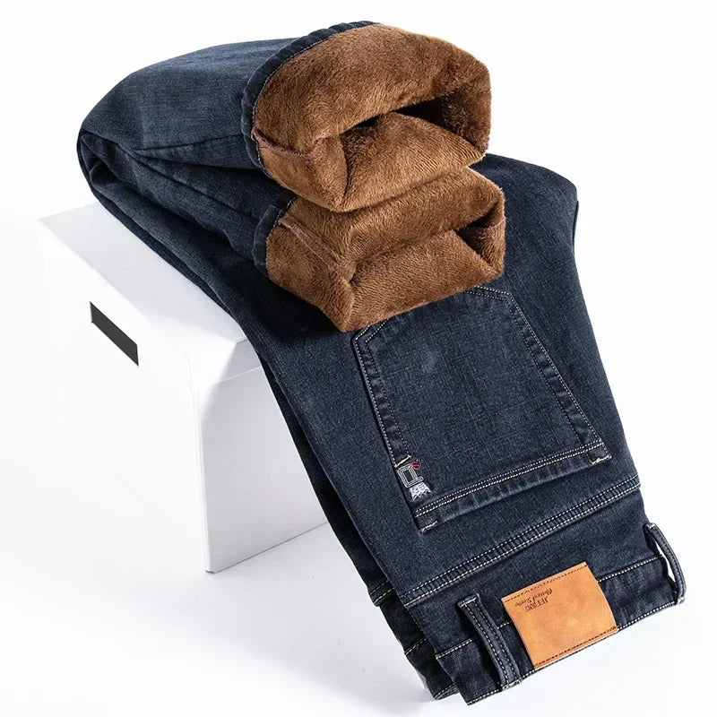Winter Fleece Men's Casual Jeans Stretch Fashion Cotton Thick Plush Warm Denim Trousers Male Brand Pants Plus Size 42 44 46