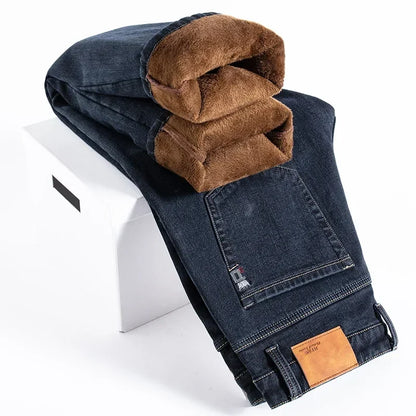 Winter Fleece Men's Casual Jeans Stretch Fashion Cotton Thick Plush Warm Denim Trousers Male Brand Pants Plus Size 42 44 46
