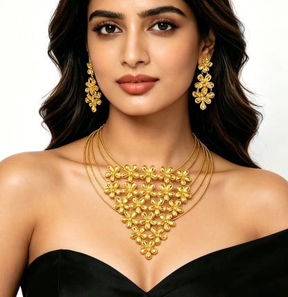Fashion Silver Gold Color Hollow Shape Necklace Earrings Bracelet Ring Set for Women Exaggerated Design Jewelry Gift for Party