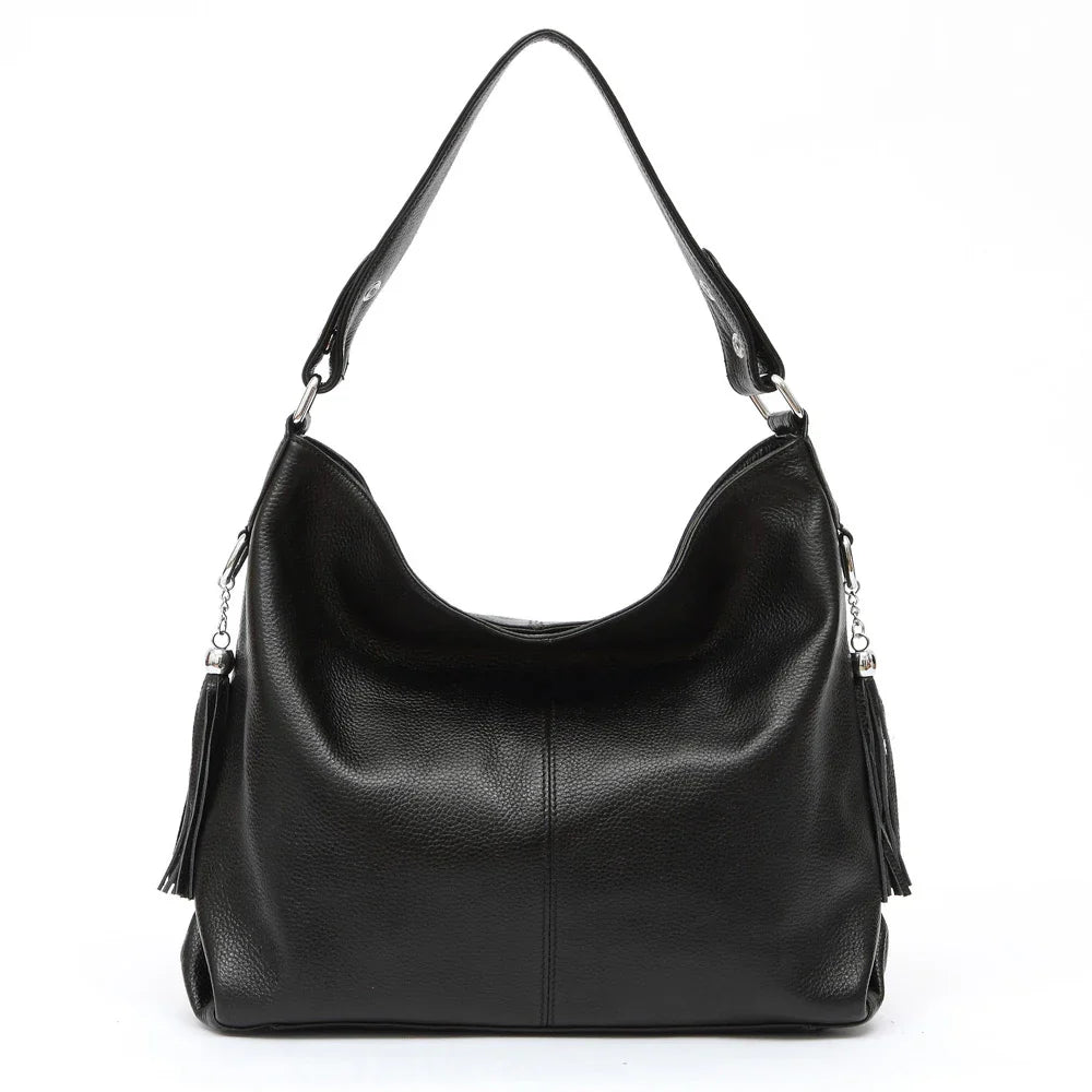 Elegant Beige Women Genuine Leather Handbag Hobo Bag Fashion Crossbody Tassel Big Capacity Shopper Tote Purse Sac Hot Sale