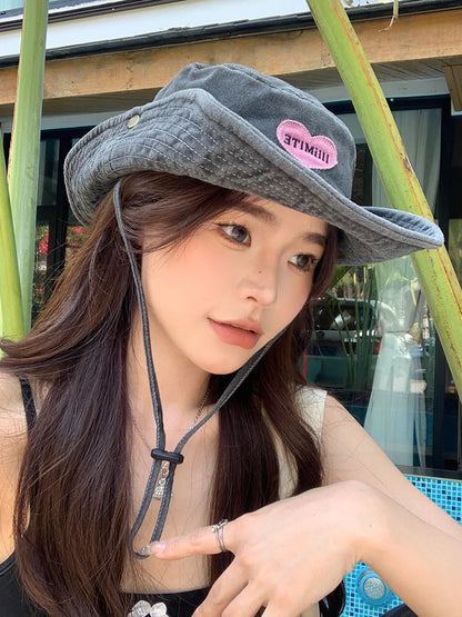 Retro Washed Bucket Hats for Women Cowboy Hats Outdoor Camping Sun Protection Sweet Pink Love Bucket Caps