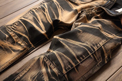 2026 Men's Fashion Vintage Jeans Slim Straight Leg Tie Dye Pleated Biker Denim Pants Male Casual Pants Oversized 42 High Quality