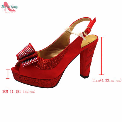 2025 Red Elegant Style Italian Women Shoes Matching Hand Bag Set  Slingbacks Sandals with Platform for Party