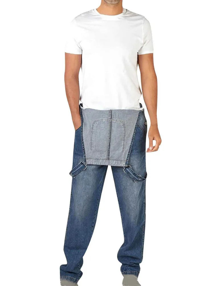 Overalls Jeans Men Ankle Length Jumpsuits Straight Pants Spliced One Piece Pockets Loose Vintage Wash Denim Casual Solid
