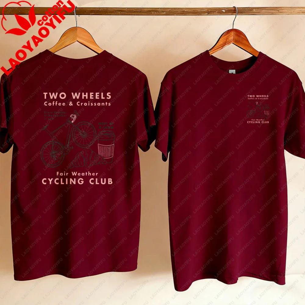 Cycling Club Cropped T-Shirt Hand-Drawn Bike Coffee & Croissants Graphic T Shirts Oversized T Shirt High Quality Cotton Tops Tee