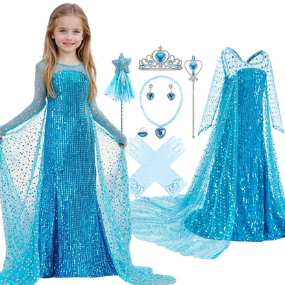 Children Carnival Blue Sequins Elsa Cosplay Dress Girls Elegant Blue Princess Costume Kids Halloween Birthday Party Clothes
