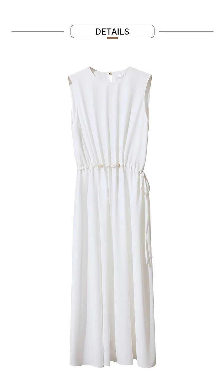 Minimalism Dresses 2025 Summer Vocation Women Loose Long Dresse Sleeveless High Waist Design Bead Drawstring Dress 12542177