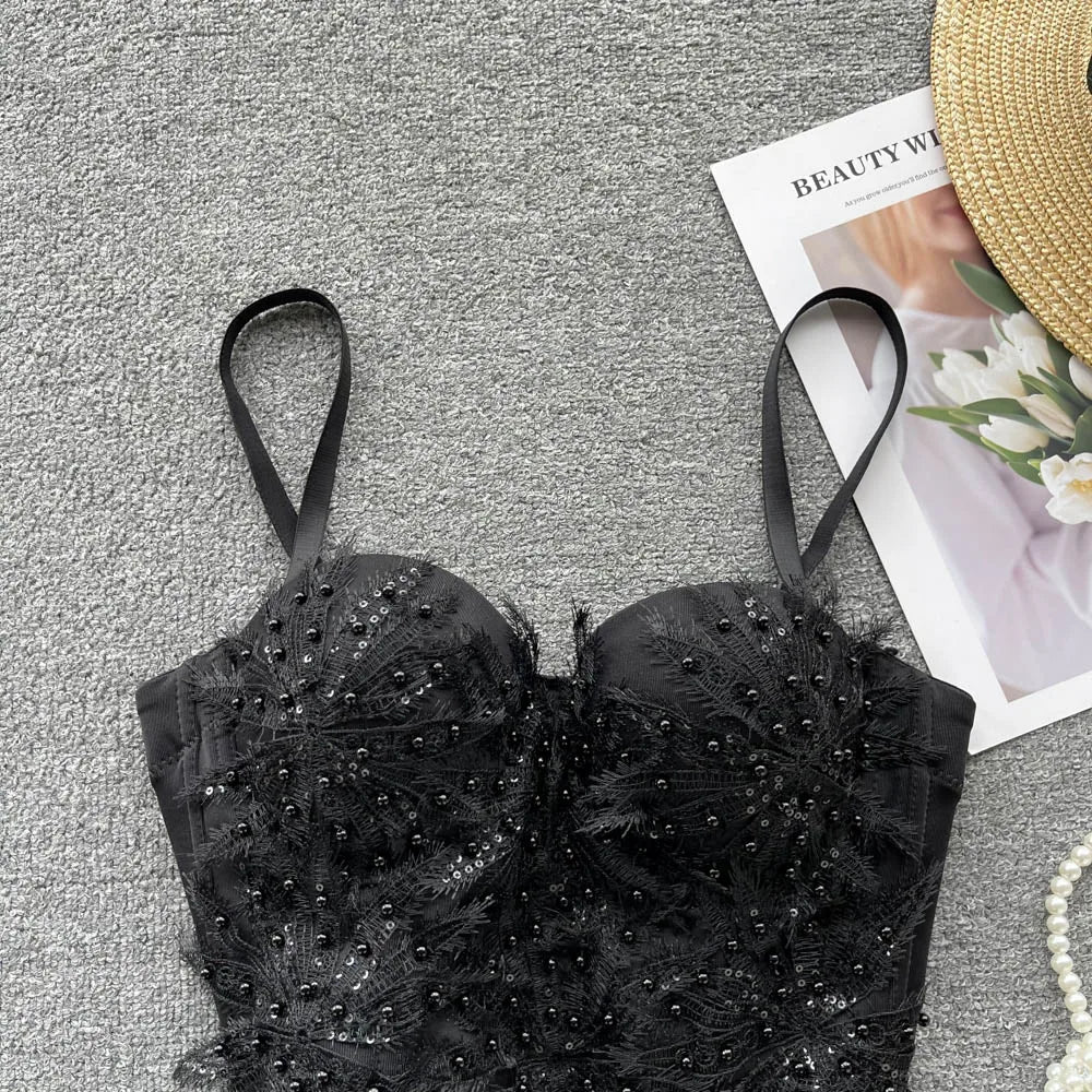 Women Hotsweet Sleeveless Sexy Chest Cushion Lace Backless Embroidered Beads Slim Straps Camis Top High Street Autumn Clothing