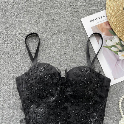 Women Hotsweet Sleeveless Sexy Chest Cushion Lace Backless Embroidered Beads Slim Straps Camis Top High Street Autumn Clothing