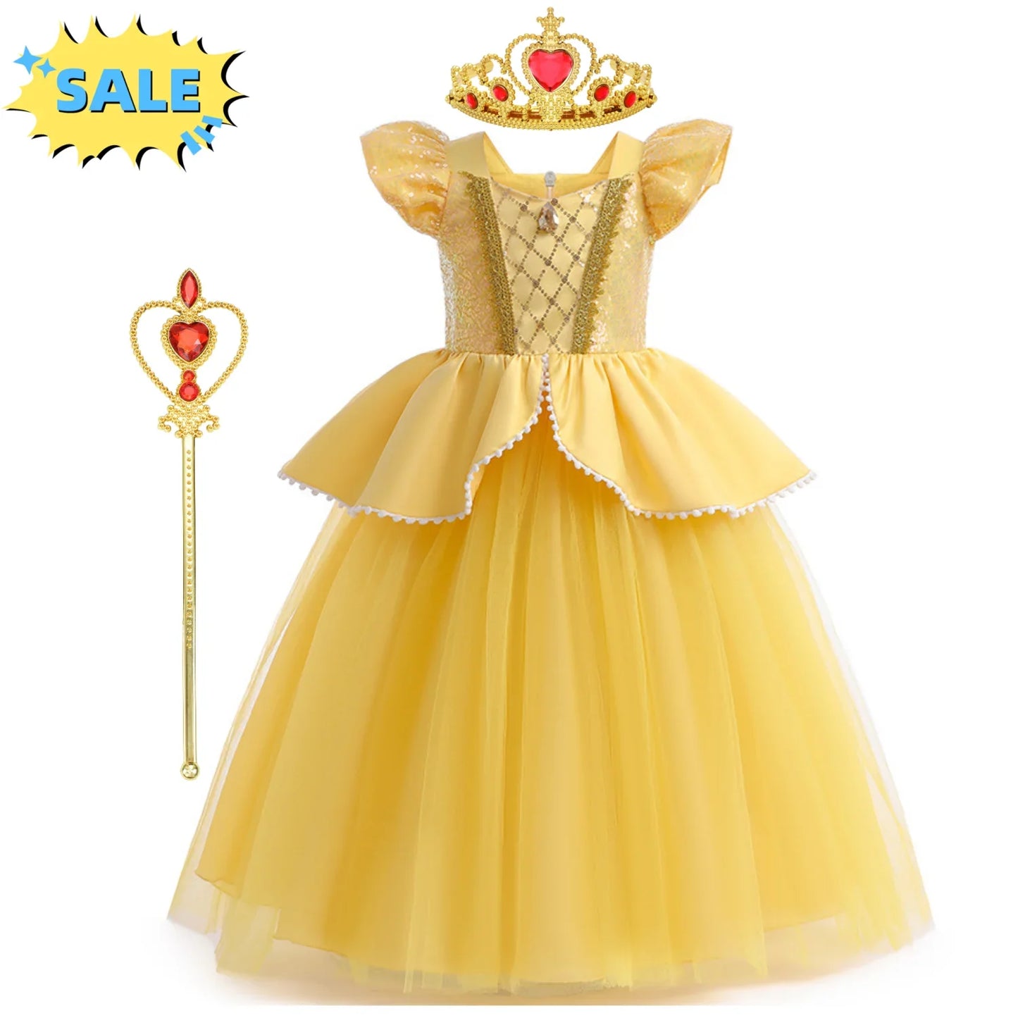 Beauty Beast Halloween Girl Princess Belle Costume Christmas Festive Evening Party Fancy Fairy Yellow Shoulderless Long Dresses