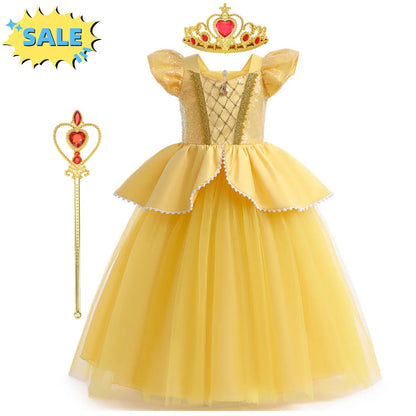 Beauty Beast Halloween Girl Princess Belle Costume Christmas Festive Evening Party Fancy Fairy Yellow Shoulderless Long Dresses