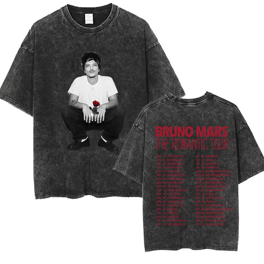 Bruno Mars The Romantic Tour 2026 Vintage Washed T Shirts Men's Women Punk Gothic Fashion Cotton Short Sleeve T-Shirt Streetwear