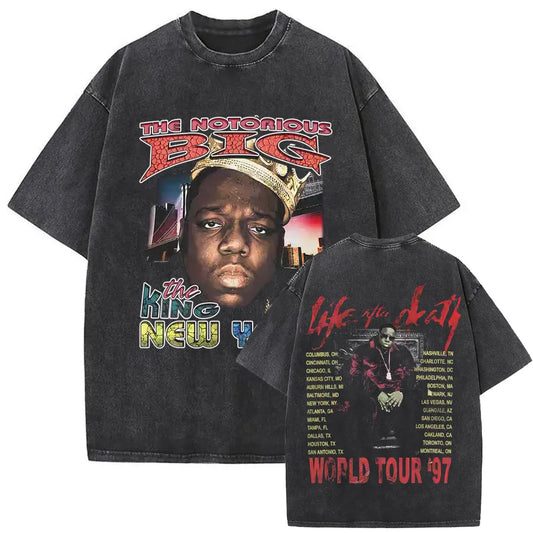 Washed Vintage Rapper The Notorious Big World Tour 97 T-shirt Biggie Smalls Print T Shirts Men Women Hip Hop Oversized T-shirts
