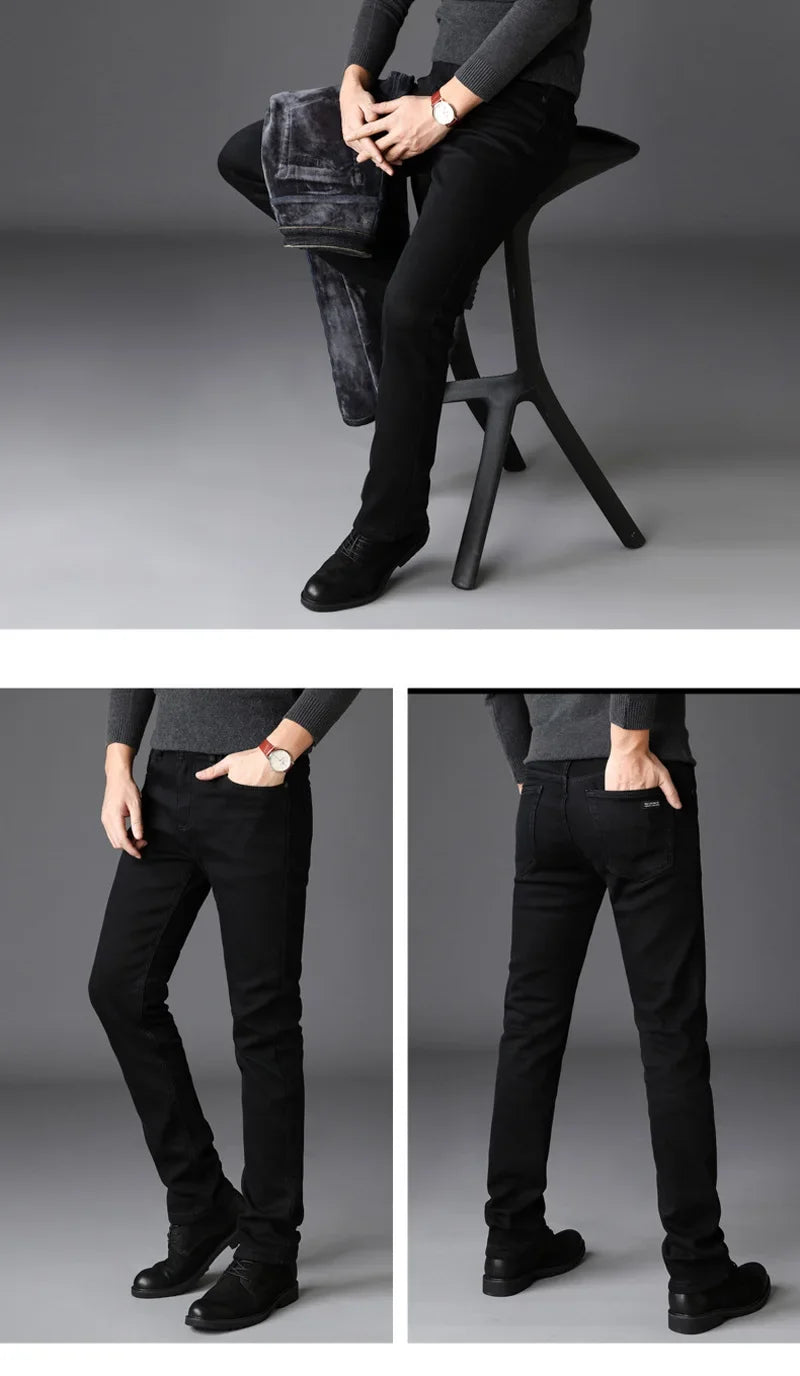 2025 New Business Casual Trousers Grey Fleece Men Clothes Black Blue Elasticity Warm Winter Jeans Velvet Jeans 28-40
