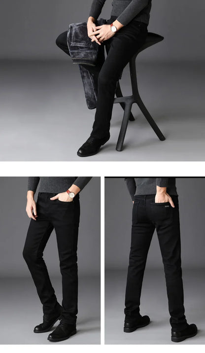 2025 New Business Casual Trousers Grey Fleece Men Clothes Black Blue Elasticity Warm Winter Jeans Velvet Jeans 28-40