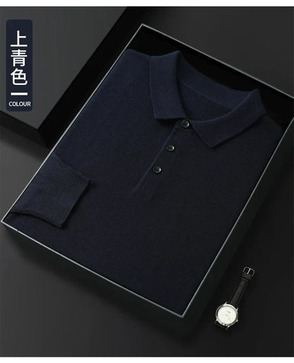 Spring Autumn Men Shirt  Merino Worsted Wool Knitted Pullover Long Sleeve Polo-Collar Clothing Tops Smart Casual Thin Outerwears