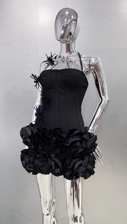 Black Red Women Sexy Strapless Laced-up Tops 2 Pieces Florals Bodycon Mini Bandage Dress Celebrate Nightclub Party Stage Wear