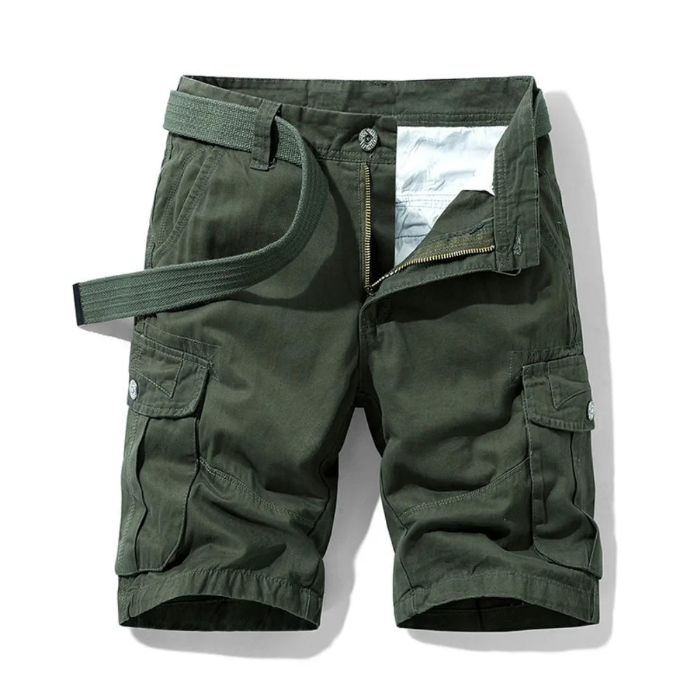 Summer Cargo Shorts Men's Pure Cotton Vintage Washed Multi Pocket Casual Straight Leg Trendy Knee Length Pants Streetwear