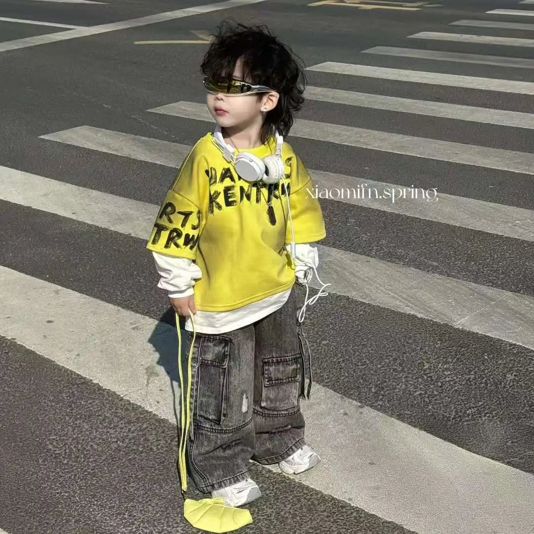 Boy Costumes Sweatshirt New Patchwork Hoodie Korean Letter T-shirt Retro Workwear Wide Jeans Kids Denim Overalls Outfit 2-11 Y