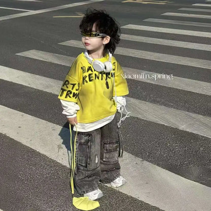 Boy Costumes Sweatshirt New Patchwork Hoodie Korean Letter T-shirt Retro Workwear Wide Jeans Kids Denim Overalls Outfit 2-11 Y