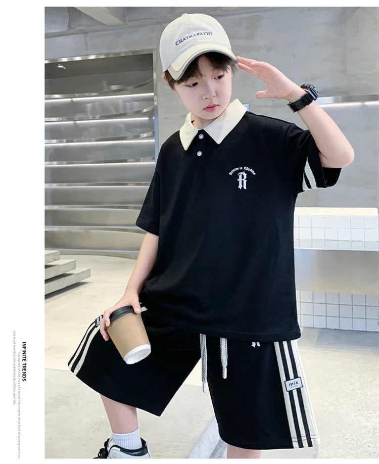 Boys Set Summer Children Clothing Korean Style Costumes Cotton Polo Shirt Shorts 2pcs Kids Casual Outfits Tracksuit Age 5-14 Y