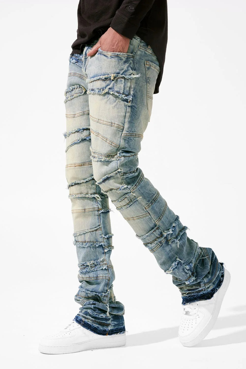 Straight Pant Men Jeans Denim Pants Slim Fit Irregular Folds Tassel Splice Simple Button Pocket High Street Trousers Spring