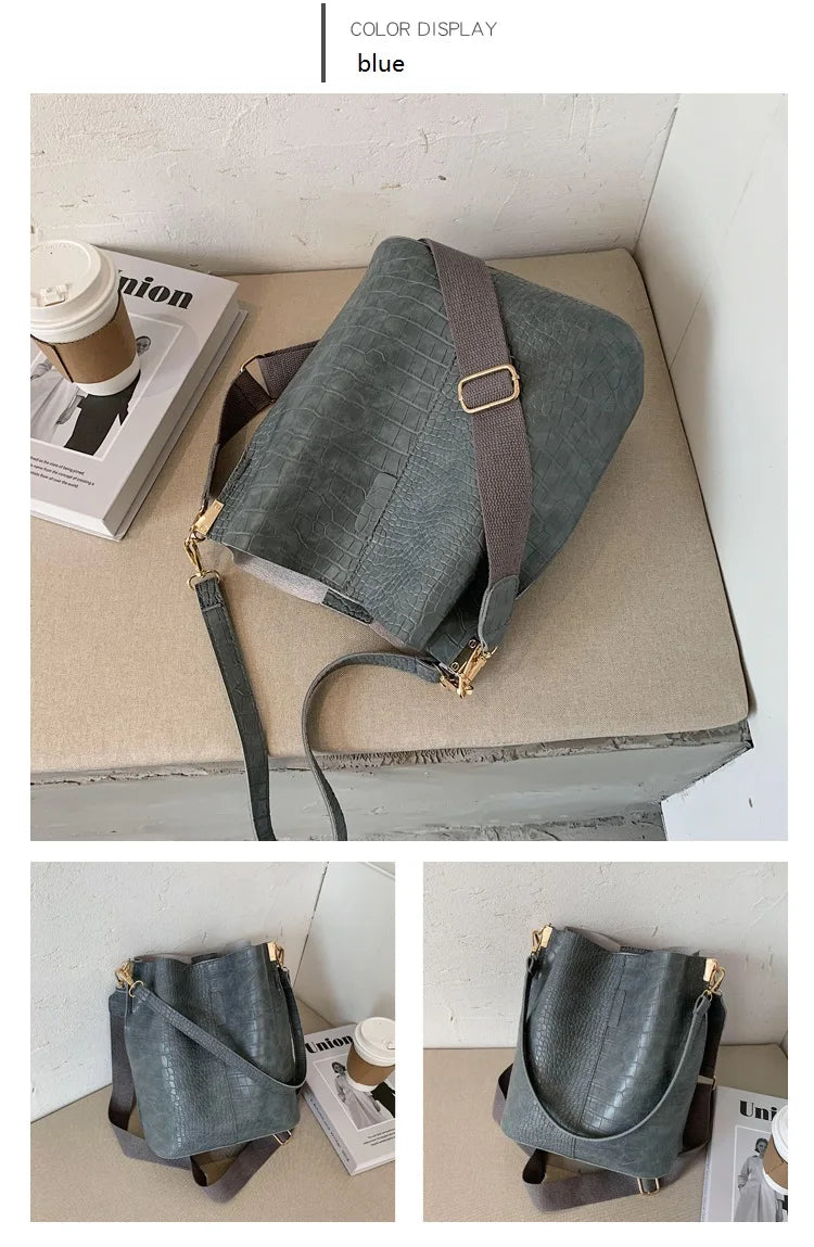 Women Bag Vintage Crocodile Pattern Crossbody Bags for Women PU Leather Trend Designer Shoulder Handbags Large Capacity Bucket