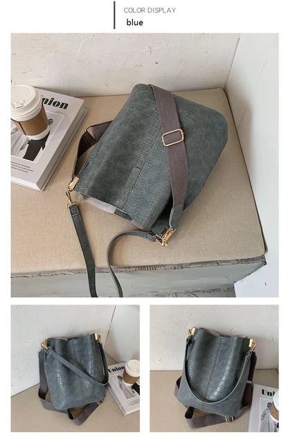 Women Bag Vintage Crocodile Pattern Crossbody Bags for Women PU Leather Trend Designer Shoulder Handbags Large Capacity Bucket