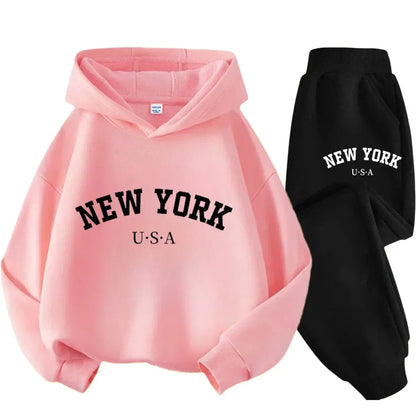 Children Hoodie Set Autumn Winter New York USA Letter Graphic Sweatshirt Pant Suit Baby Boy Girl Kid Sport Two Pieces Tracksuit