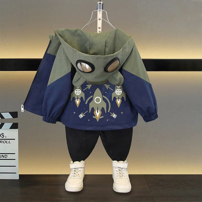 2025 Spring Autumn Kids Jacket Baby Boy Fashion Rocket Print Hooded Zipper Windbreaker Coat Children Clothing Outerwear 2-12 Yrs