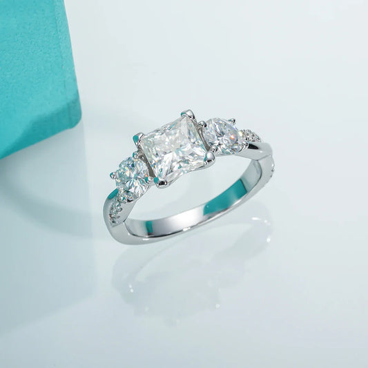 1.5ct Princess Cut D Color Moissanite Three Stone Engagement  Ring 925 Silver Rings For Women Jewelry Wholesale