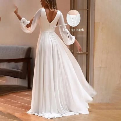 Customized Wedding Dresses for Bride  Long Sleeves V Neck Simple Bridal Gown with Pearls A Line Robe De Mariee