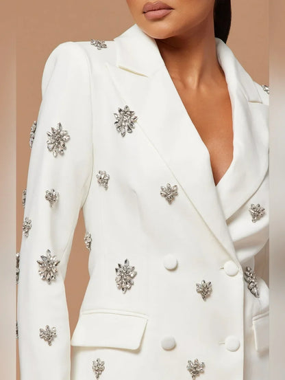 Luxury Beige Modern Notch Lapel Double Breasted Woman Suit Set 2Pcs Crystal Slim Fit Formal Banquet Singer Host Customized