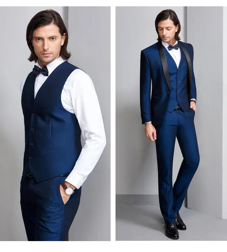 Royal Blue/Burgundy Man Suits Classic Black Lapel Wedding Suits 3 Pieces (Jacket+Pants+Vest)