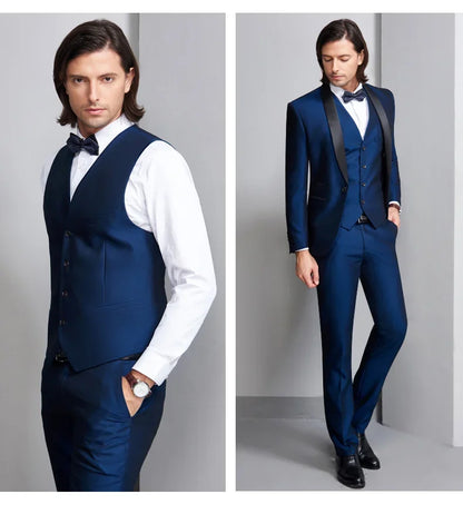 Royal Blue/Burgundy Man Suits Classic Black Lapel Wedding Suits 3 Pieces (Jacket+Pants+Vest)