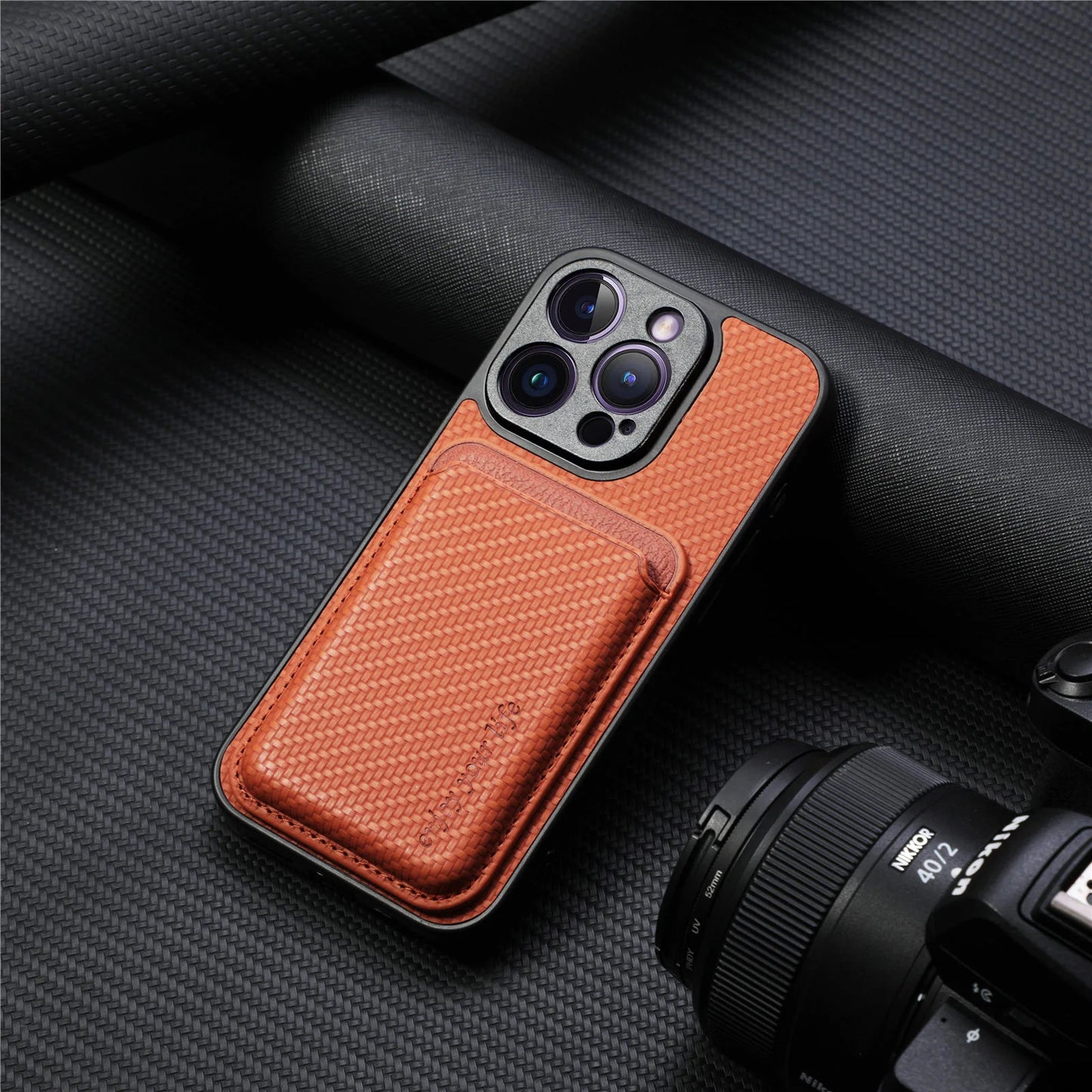 Carbon Fiber Style PU Leather for Magsafe Case for iPhone 17 Air 16 15 Pro Max 16e 14 Plus 11 12 13 Mini Cover Card Holder LM2