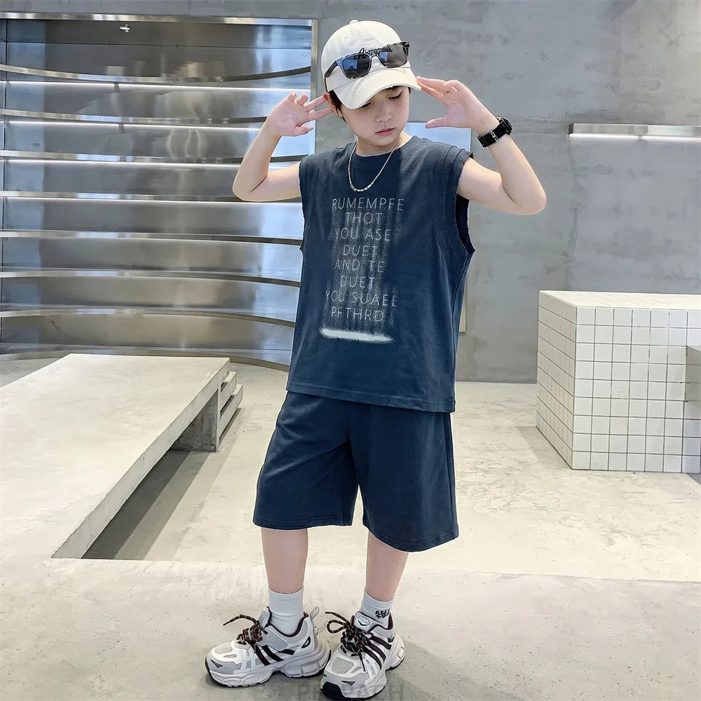 New Kids Designer Streetwear Summer Top Bottom Suit Sleeveless T-shirt And Shorts 2 Pcs Clothes Set Children Boys Casual Outfit
