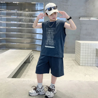 New Kids Designer Streetwear Summer Top Bottom Suit Sleeveless T-shirt And Shorts 2 Pcs Clothes Set Children Boys Casual Outfit