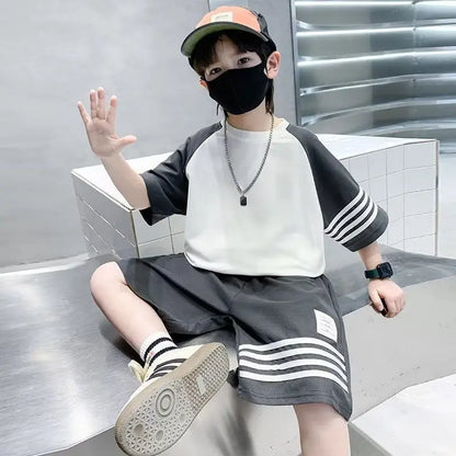 Summer Casual Boys Cotton Contrast Striped t-Shirt Tops+Short Pant Sets School Kids Tracksuit Child 2PCS Jogging Outfit 5-16 Yrs