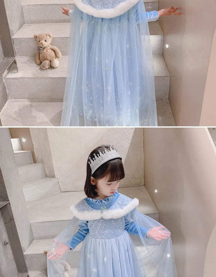 Girls' Spring 2026 New Velvet Elsa Frozen Princess Dress Kids Blue Cape 2 Piece Set Warm Dresses For Girl Party 3-9 Years Old ﻿