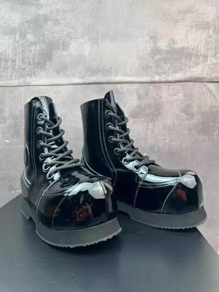 High Street Mens Round Tote High Top Cowhide Genuine Leather Ankle Boots Punk Style Stage Show Shoes Platform Work Safty Shoes