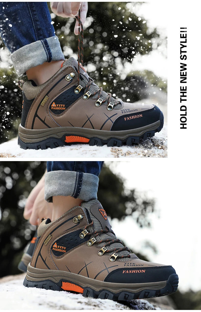 Winter Warm Cotton Shoes Men Outdoor Leather Black Casual Shoes Fur Sneakers High Top Rubber Ankle Boots Male Hiking Trekking 46