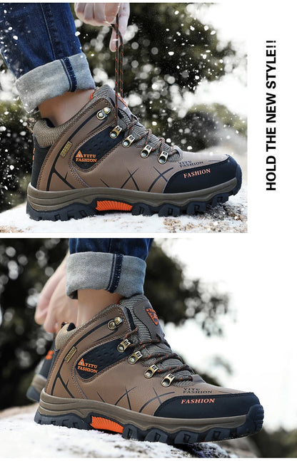 Winter Warm Cotton Shoes Men Outdoor Leather Black Casual Shoes Fur Sneakers High Top Rubber Ankle Boots Male Hiking Trekking 46