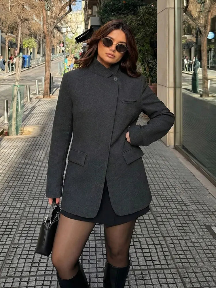 2026 Spring Blazer For Women Fashion Plaid Suit Coat Stand Collar Single Button Long Sleeve Jacket Female Fashion Streetwear